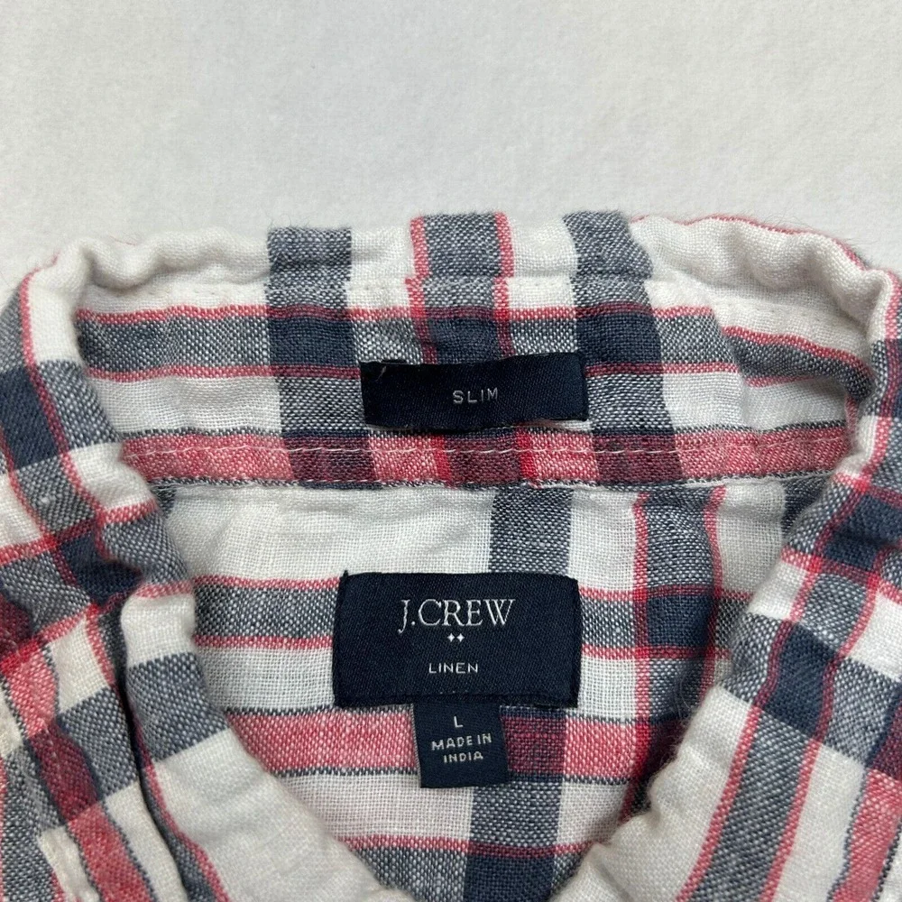 J Crew Linen Shirt Mens‎ Large White Red Black Plaid Slim Fit Long Sleeve